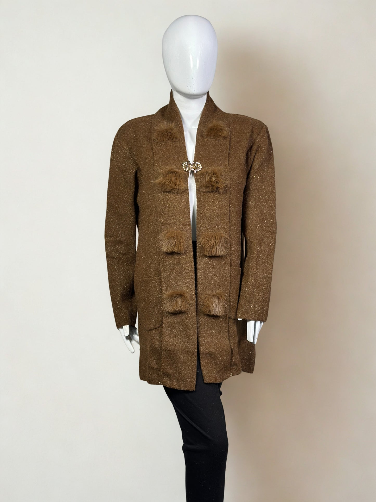 The Studio Chic Open-Style Wool Sweater with Faux Fur Embellishment