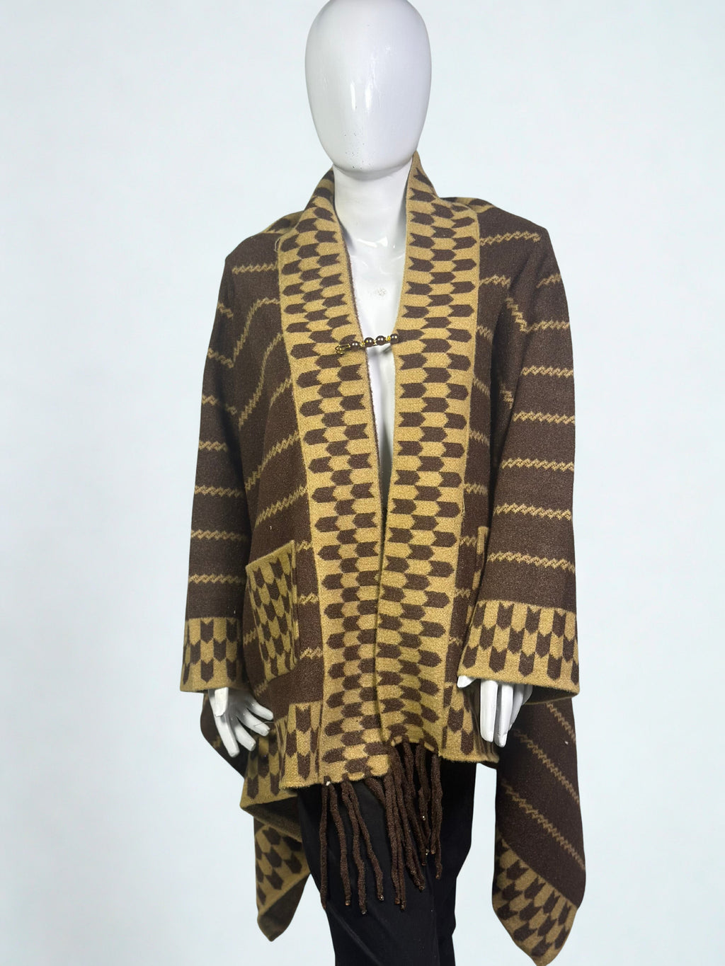 Geometric Wool Cape Shawl Dress with Pockets – Premium Winter collection Sale