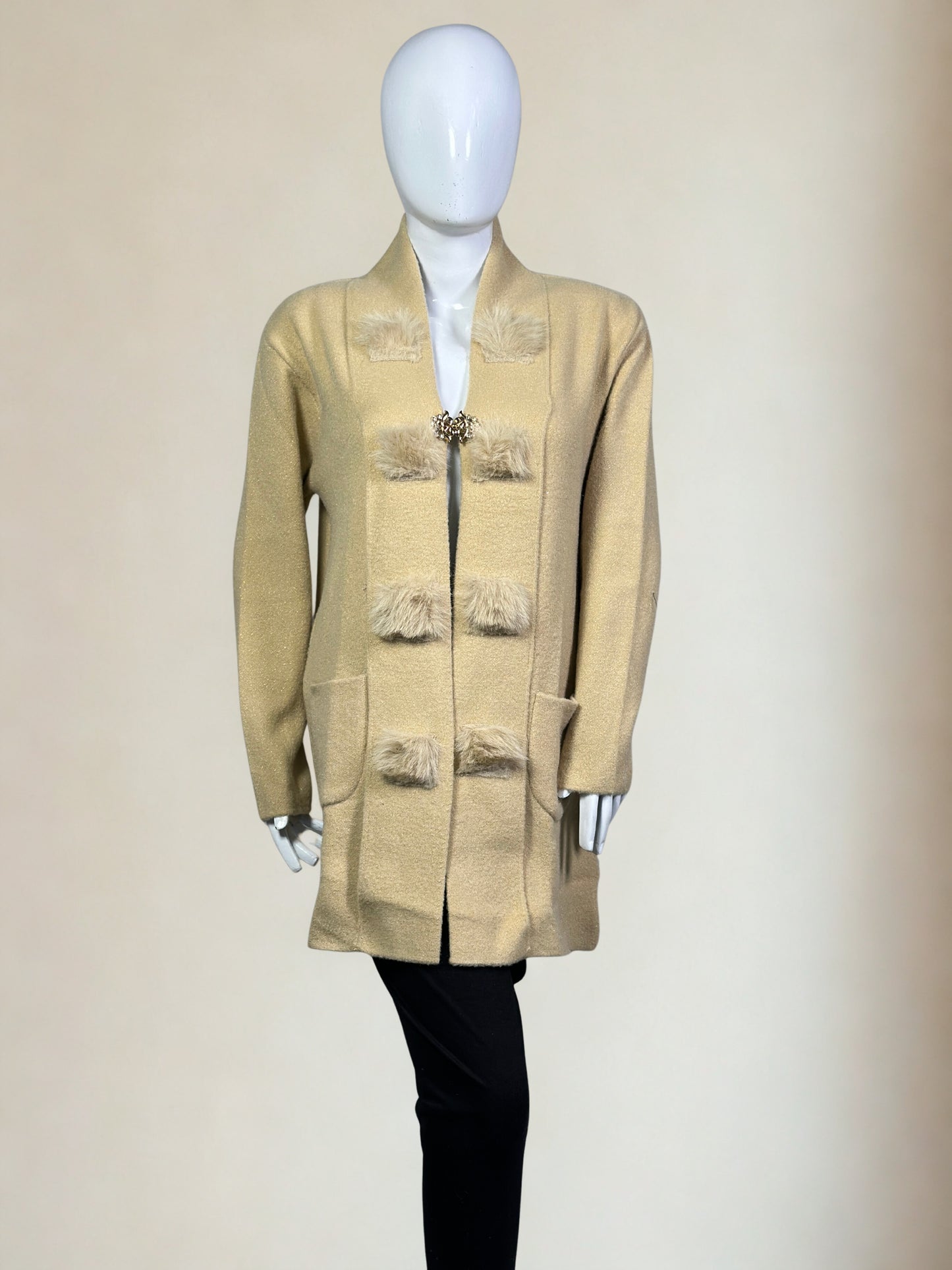 The Studio Chic Open-Style Wool Sweater with Faux Fur Embellishment