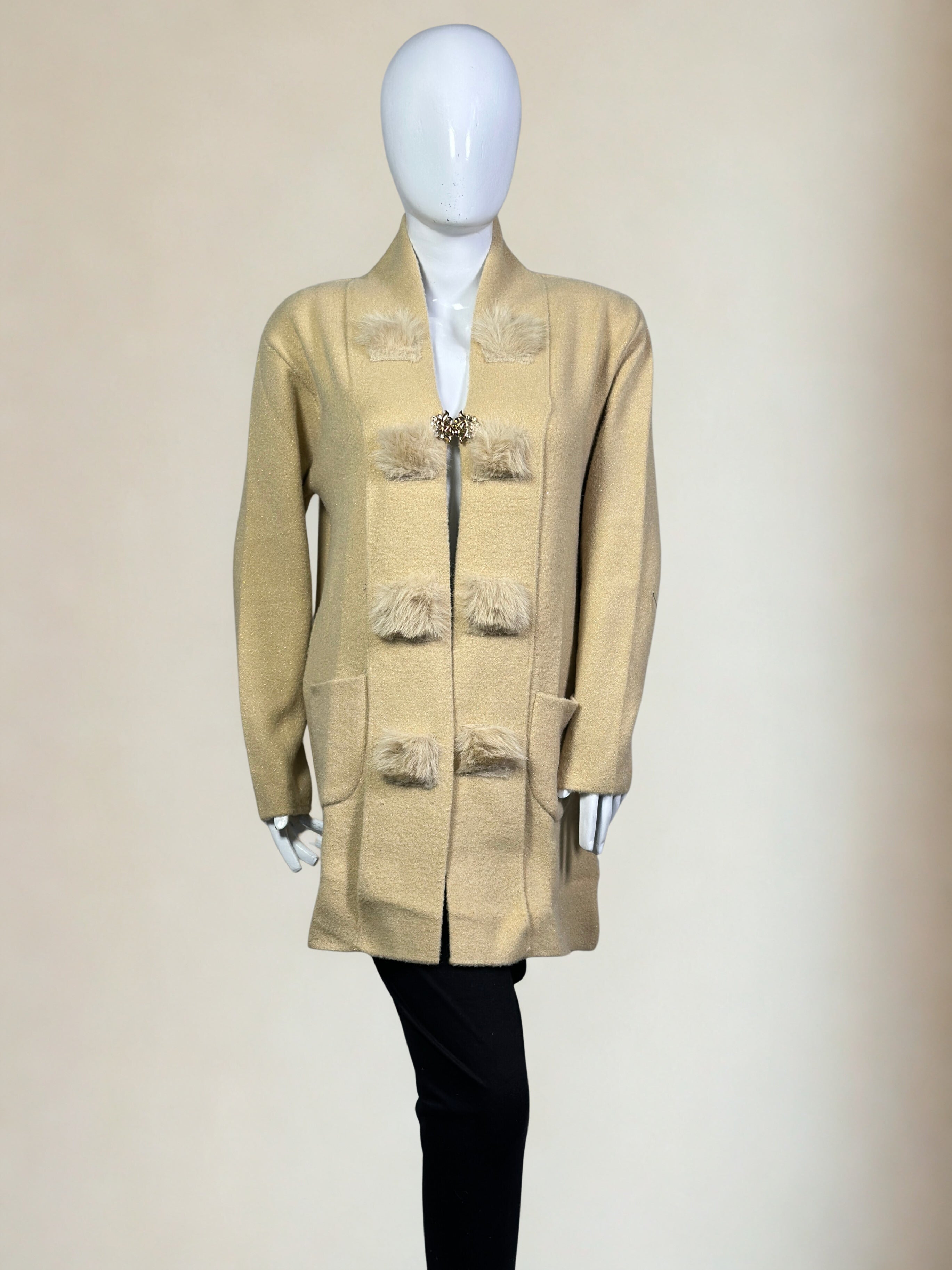 The Studio Chic Open-Style Wool Sweater with Faux Fur Embellishment