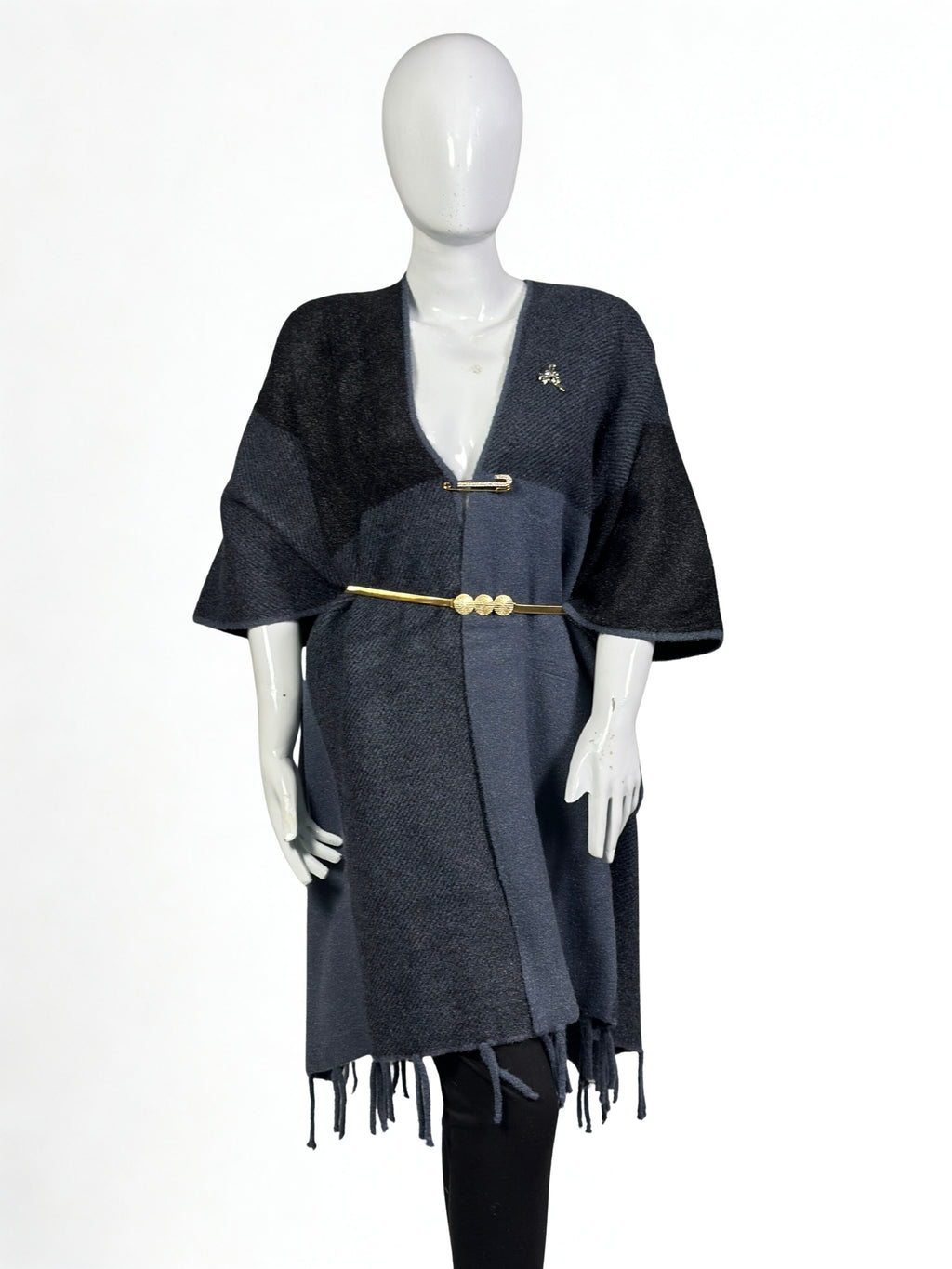 Luxurious Shoulder Cape Shawl Dress with Golden Waist Belt – Winter Collection Sale