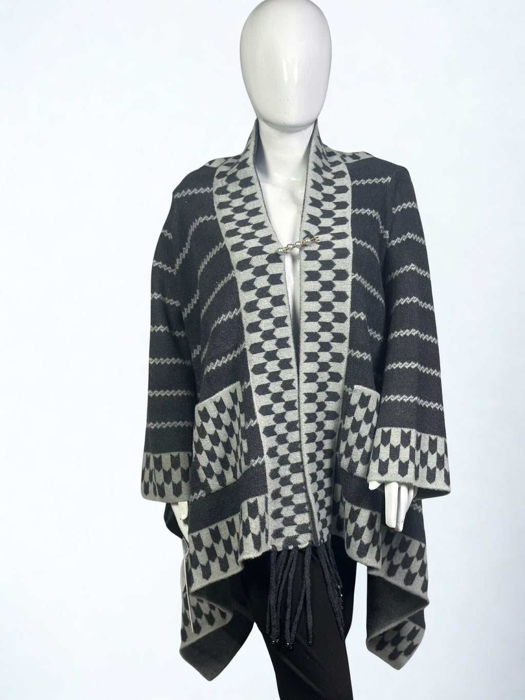 Geometric Wool Cape Shawl Dress with Pockets – Premium Winter collection Sale