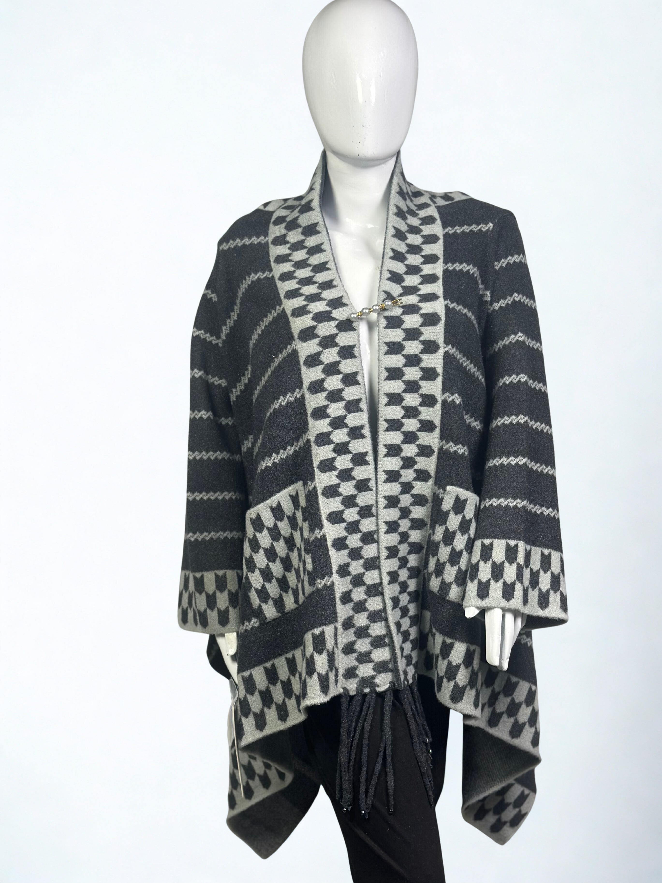 Geometric Wool Cape Shawl Dress with Pockets – Premium Winter collection Sale