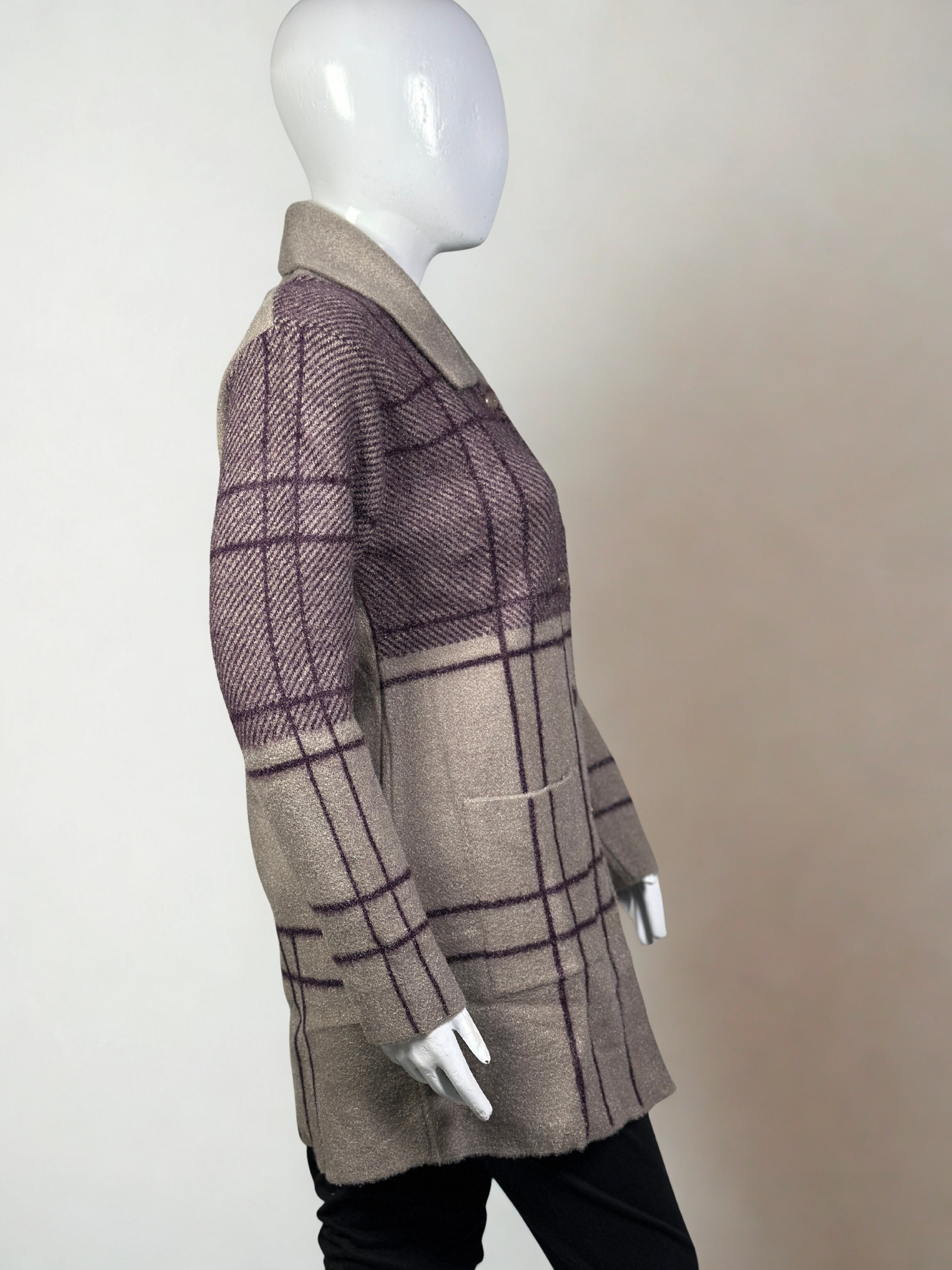 Long Collar Checker Knit Sweater in Crystal Wool