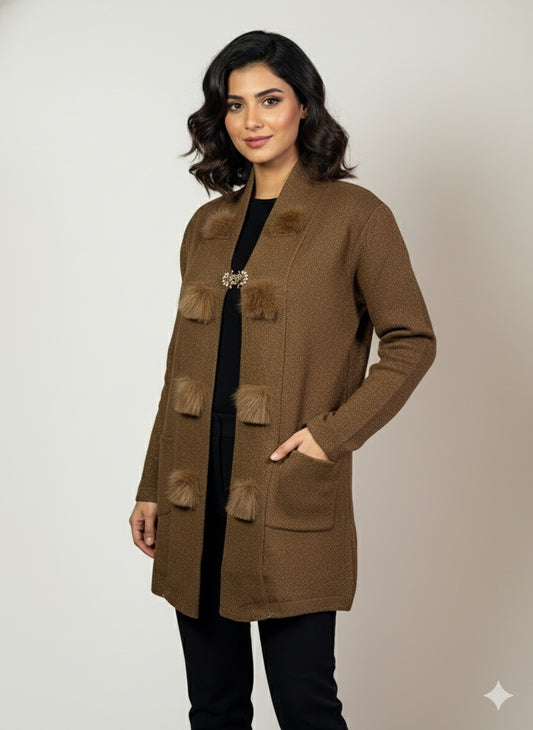 The Studio Chic Open-Style Wool Sweater with Faux Fur Embellishment