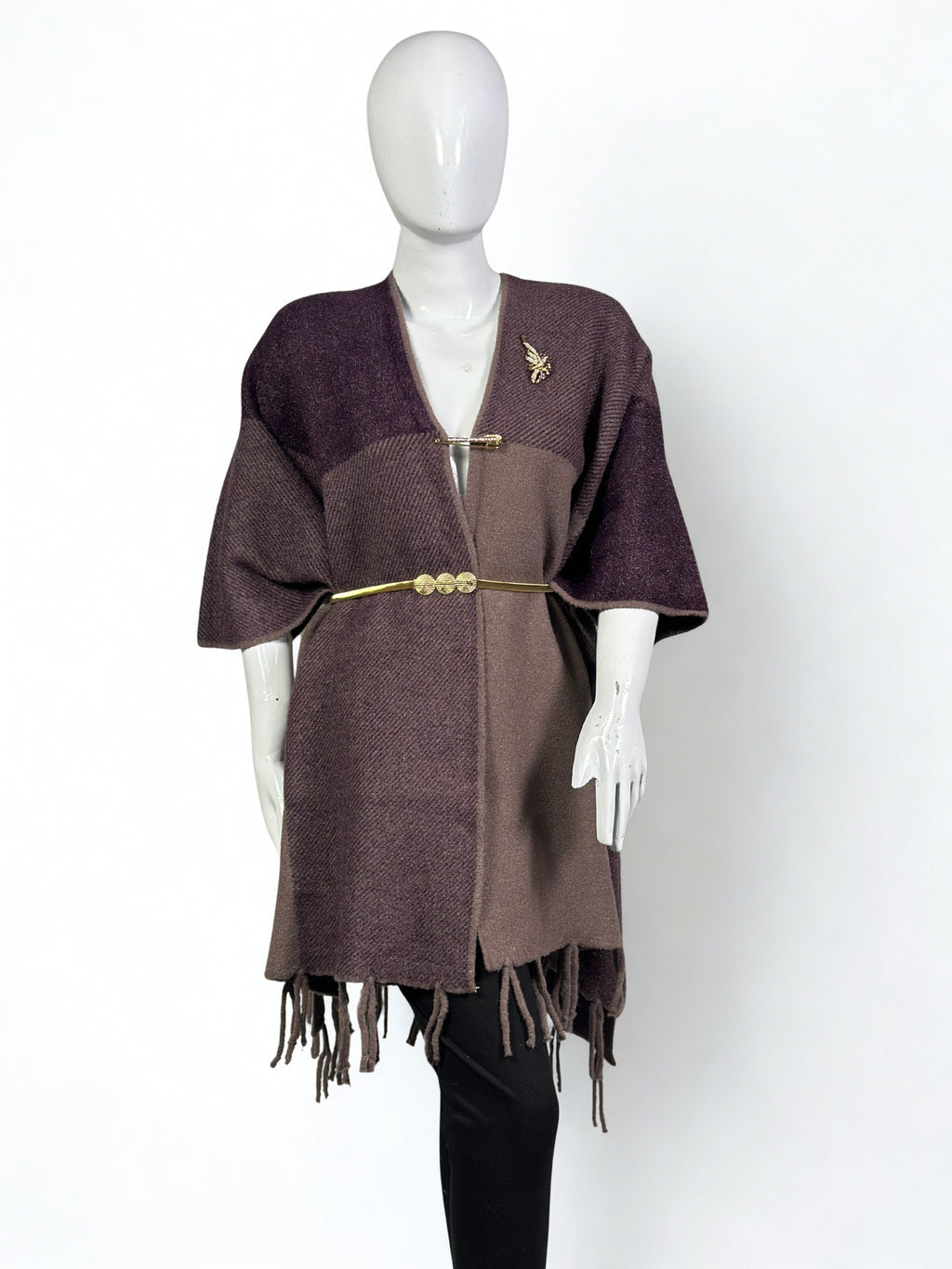 Luxurious Shoulder Cape Shawl Dress with Golden Waist Belt – Winter Collection Sale