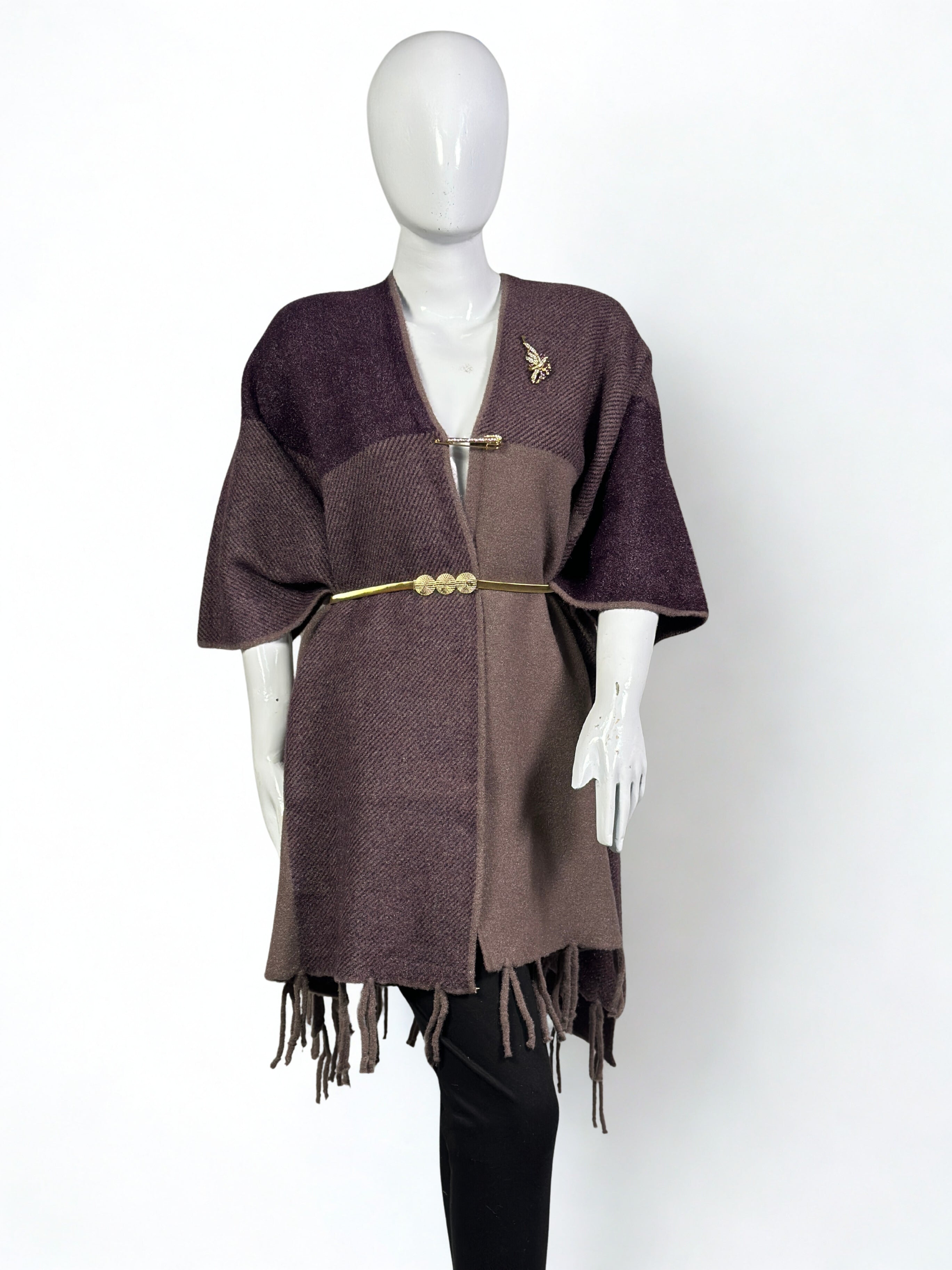 Luxurious Shoulder Cape Shawl Dress with Golden Waist Belt – Winter Collection Sale