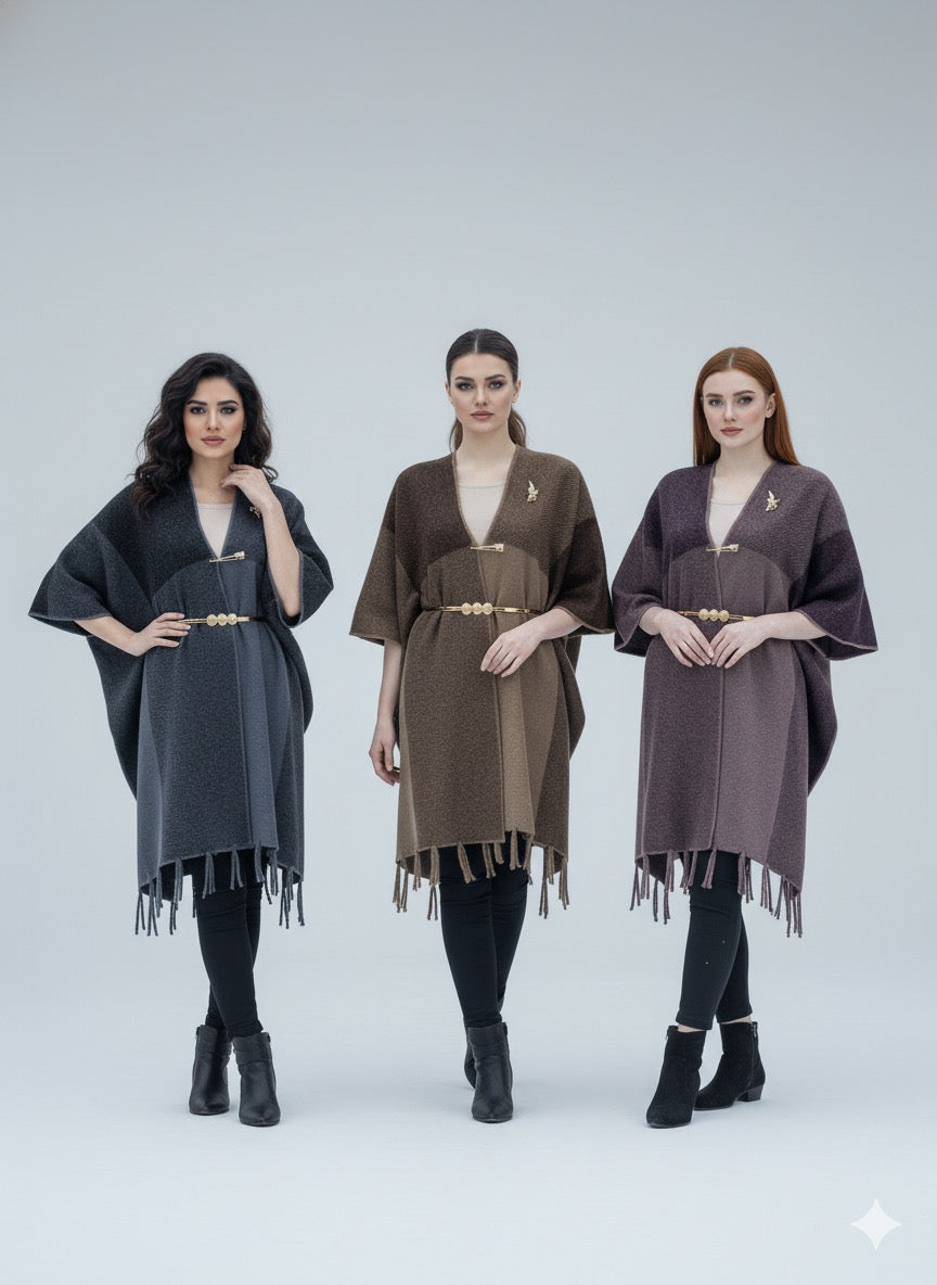 Luxurious Shoulder Cape Shawl Dress with Golden Waist Belt – Winter Collection Sale