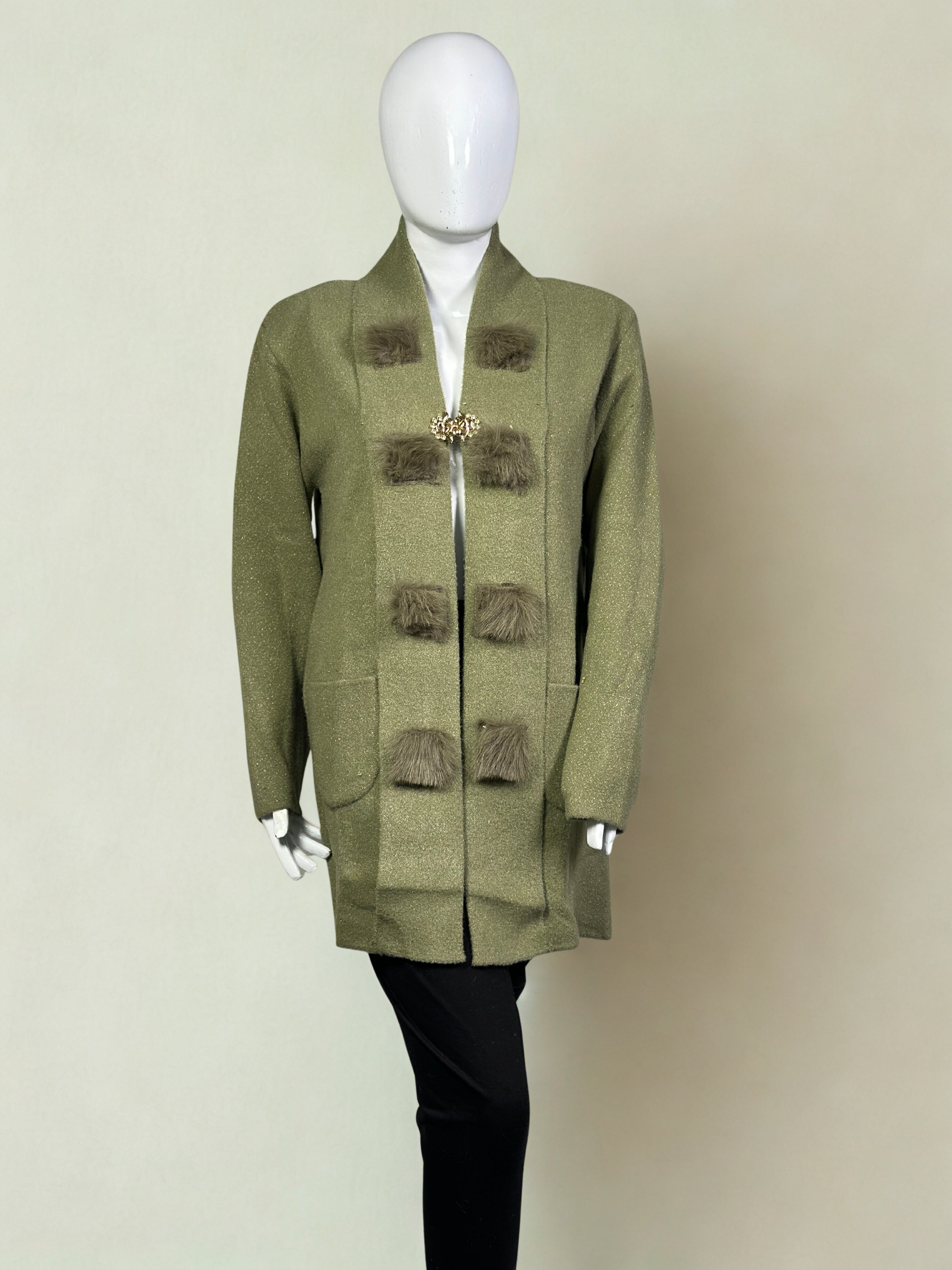 The Studio Chic Open-Style Wool Sweater with Faux Fur Embellishment