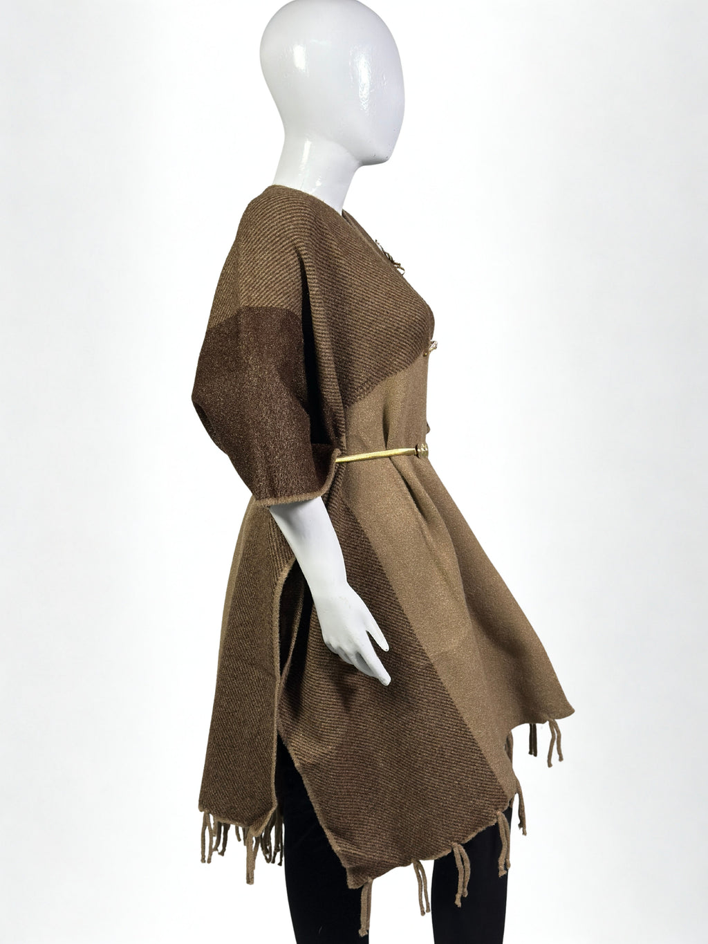 Luxurious Shoulder Cape Shawl Dress with Golden Waist Belt – Winter Collection Sale