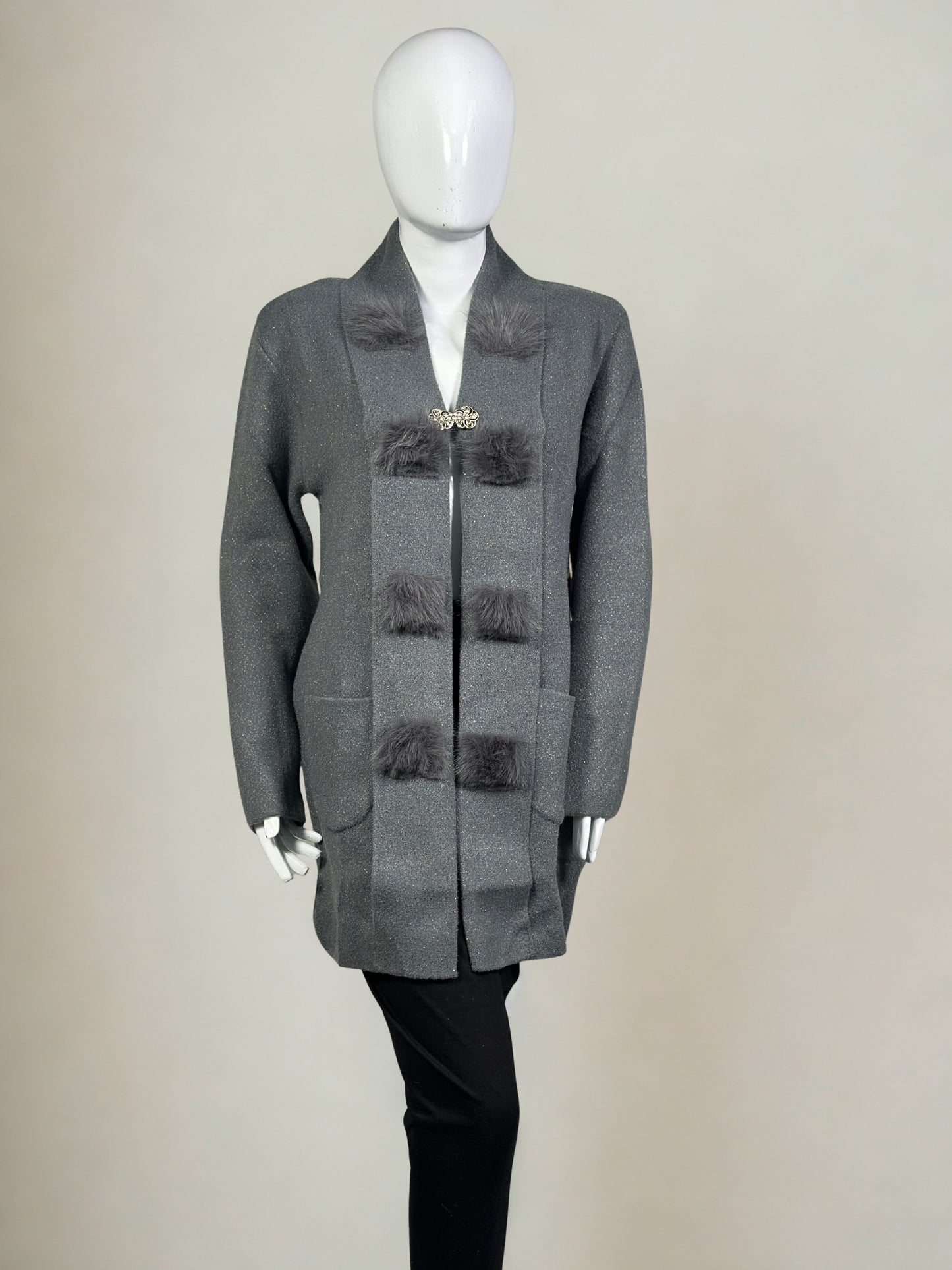 The Studio Chic Open-Style Wool Sweater with Faux Fur Embellishment