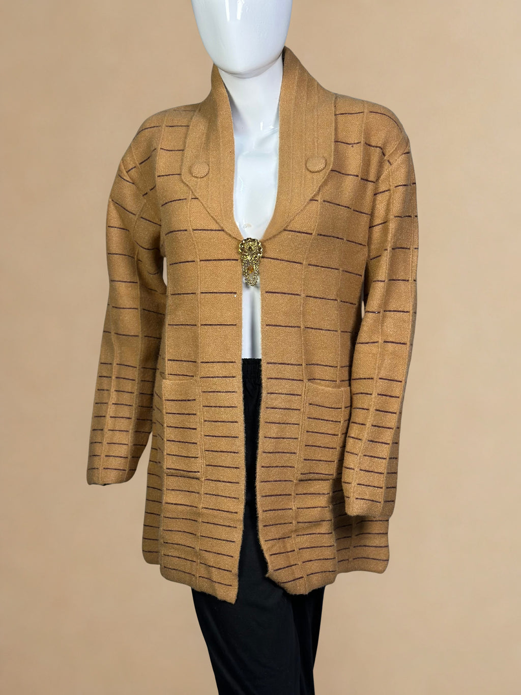 Elegant Wool Open Shrug – Striped Knit Long Sweate