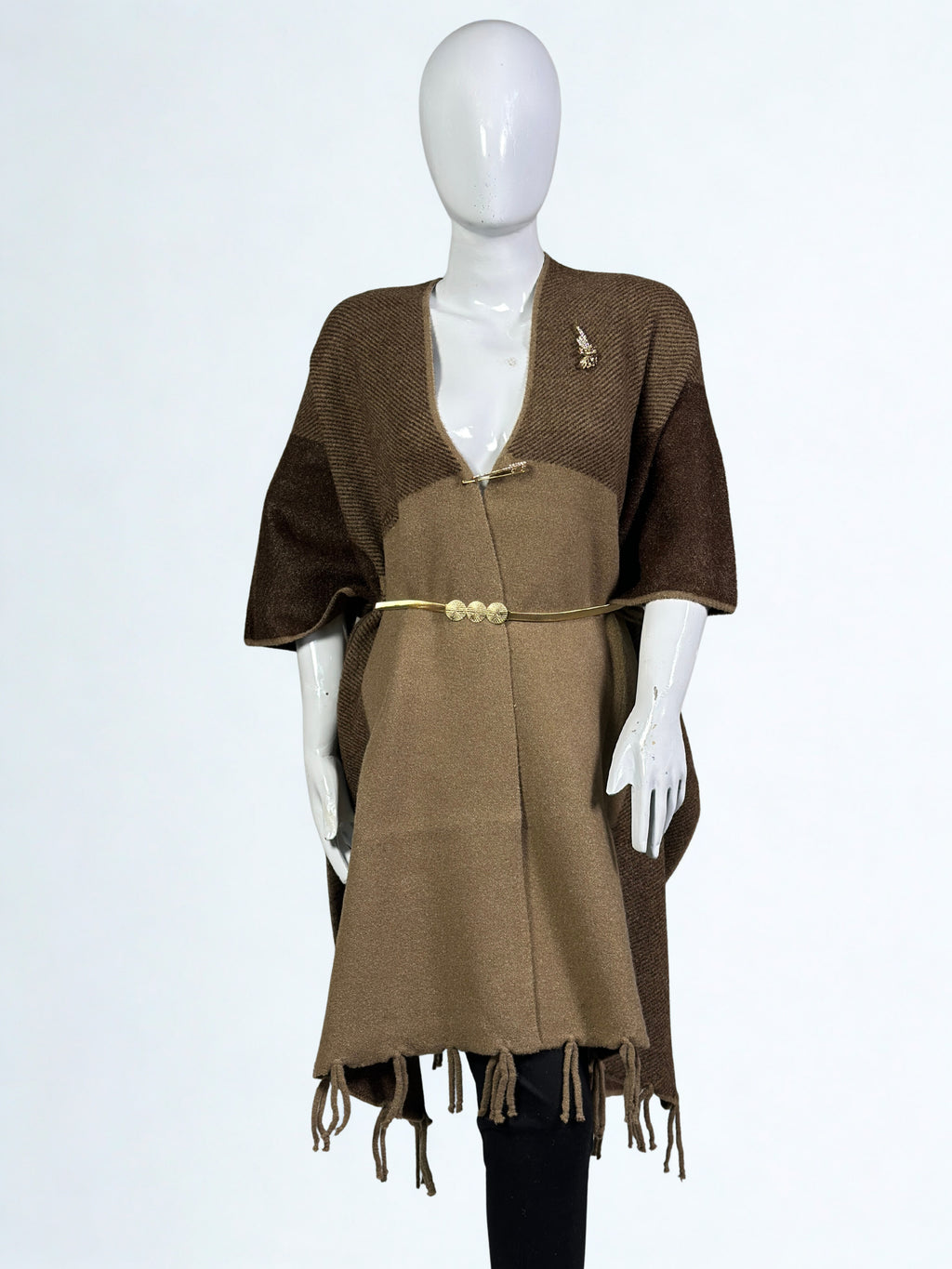 Luxurious Shoulder Cape Shawl Dress with Golden Waist Belt – Winter Collection Sale