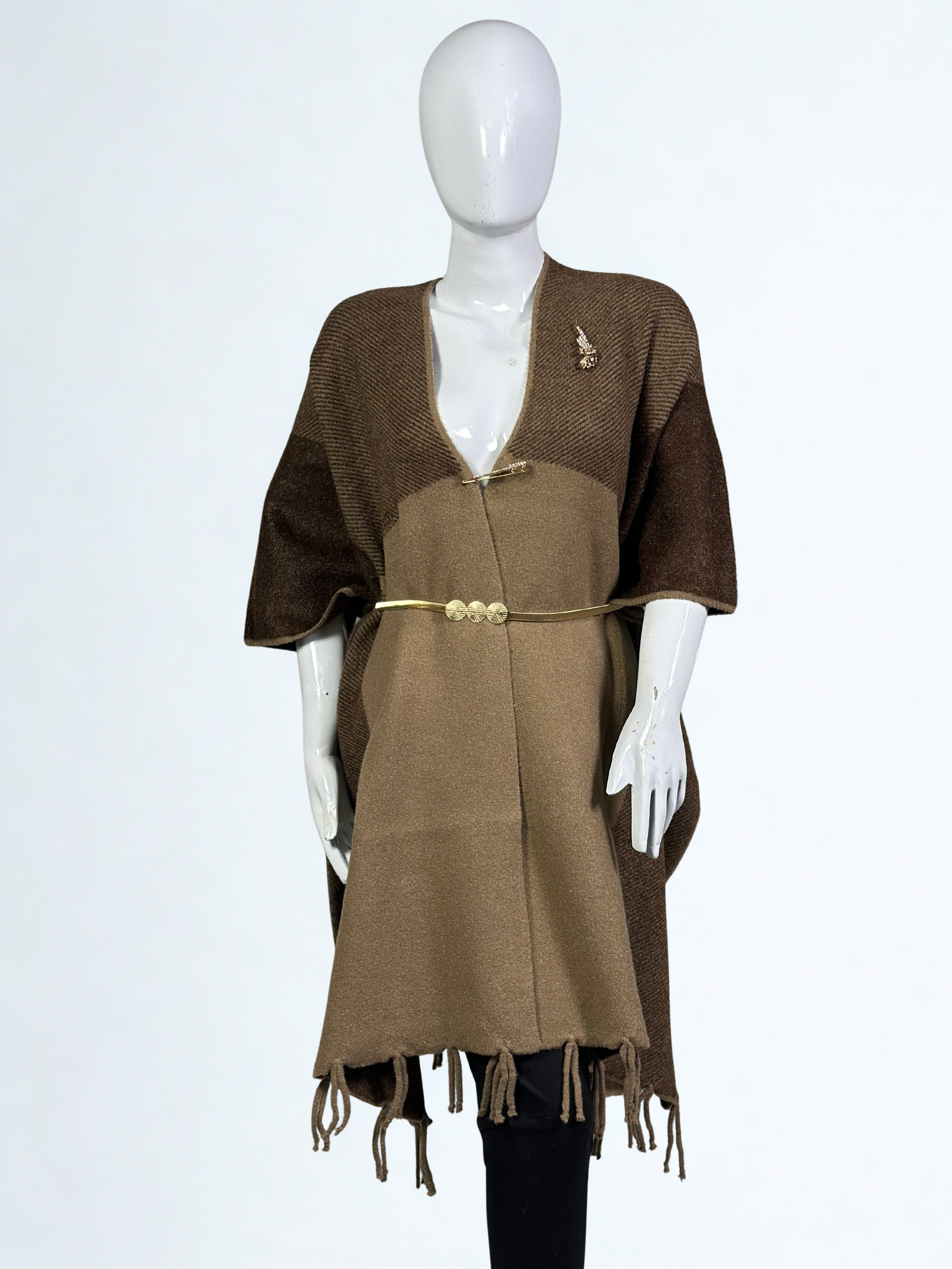 Luxurious Shoulder Cape Shawl Dress with Golden Waist Belt – Winter Collection Sale