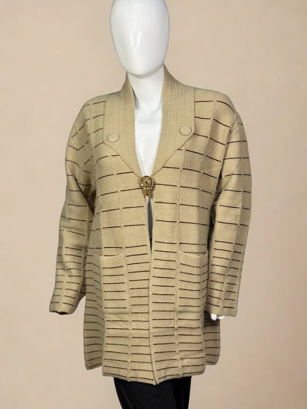 Elegant Wool Open Shrug – Striped Knit Long Sweate