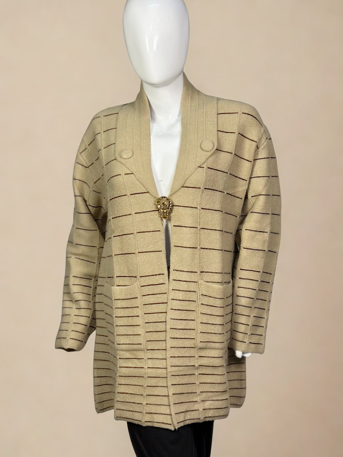 Elegant Wool Open Shrug – Striped Knit Long Sweate