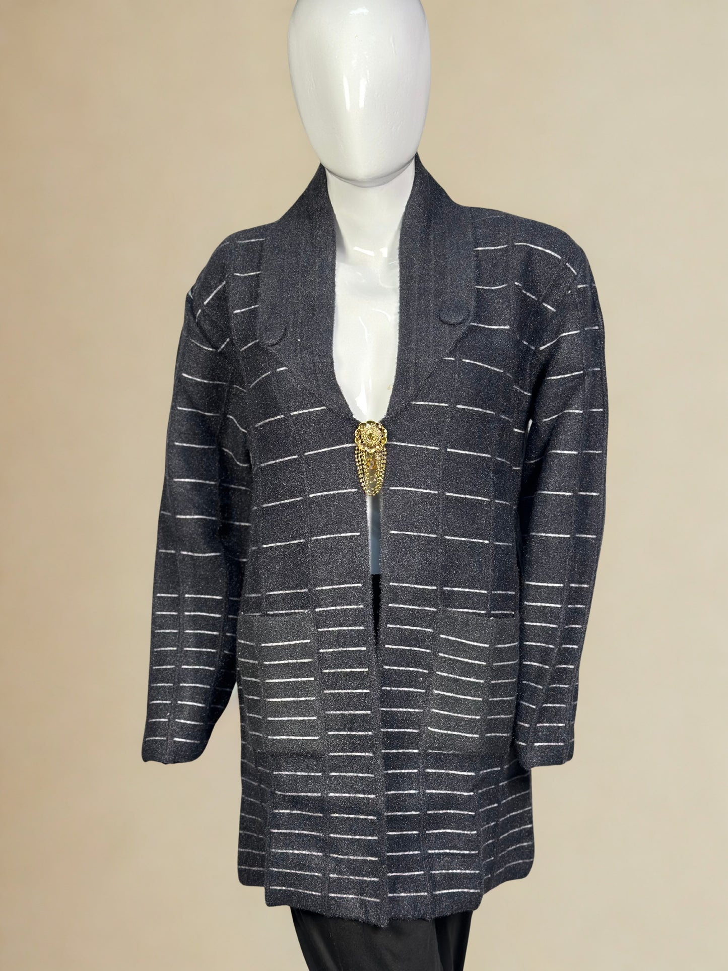 Elegant Wool Open Shrug – Striped Knit Long Sweate